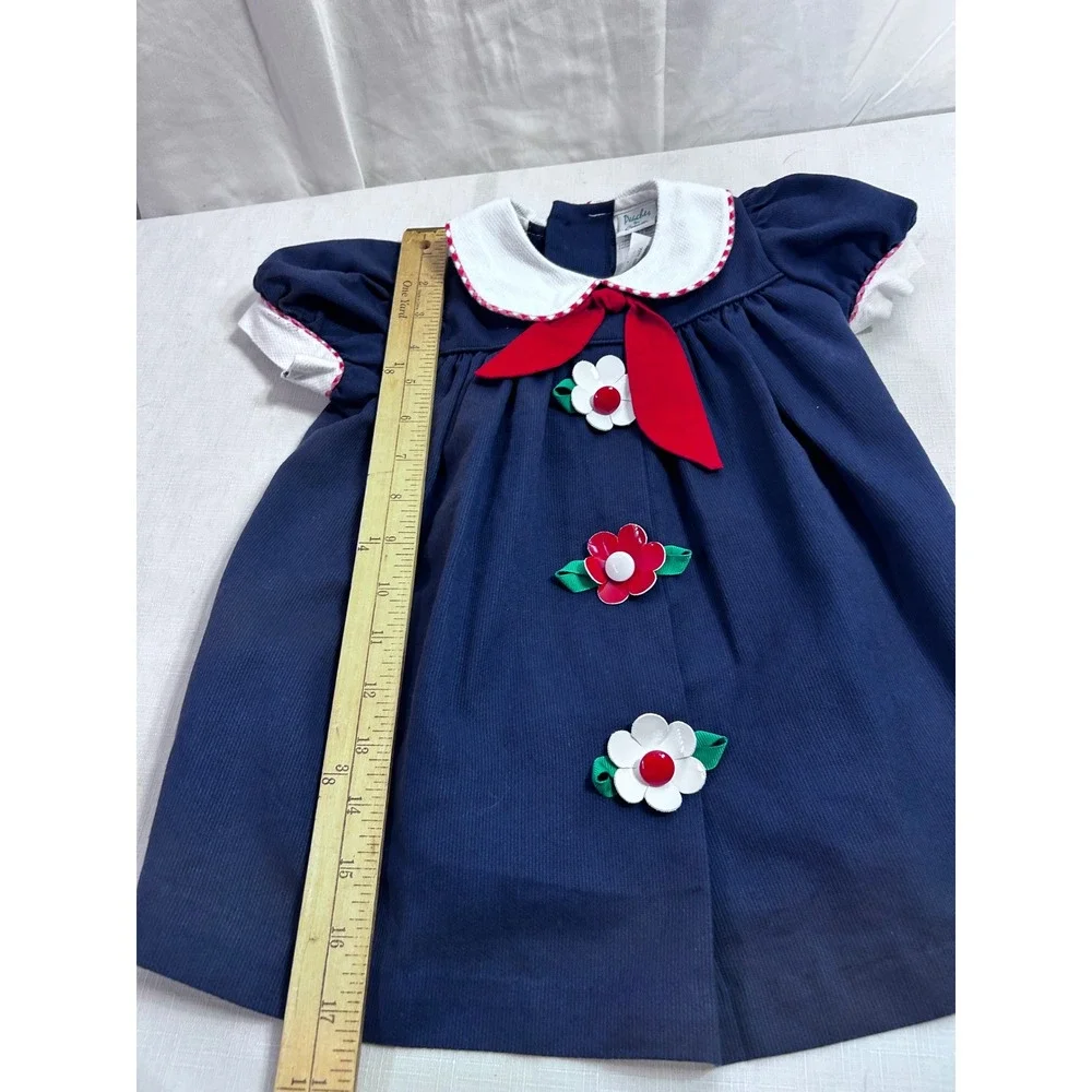Peaches 'n Cream Corduroy Dress 2T Navy Blue Floral Bow Peter Pan Collar Toddler